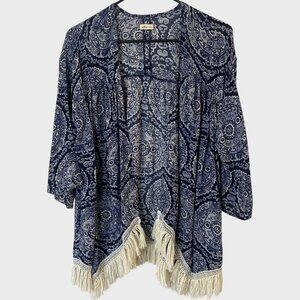 Hollister Bohemian Fringe Kimono Cardigan Women's Large Open-Front 3/4 Sleeve